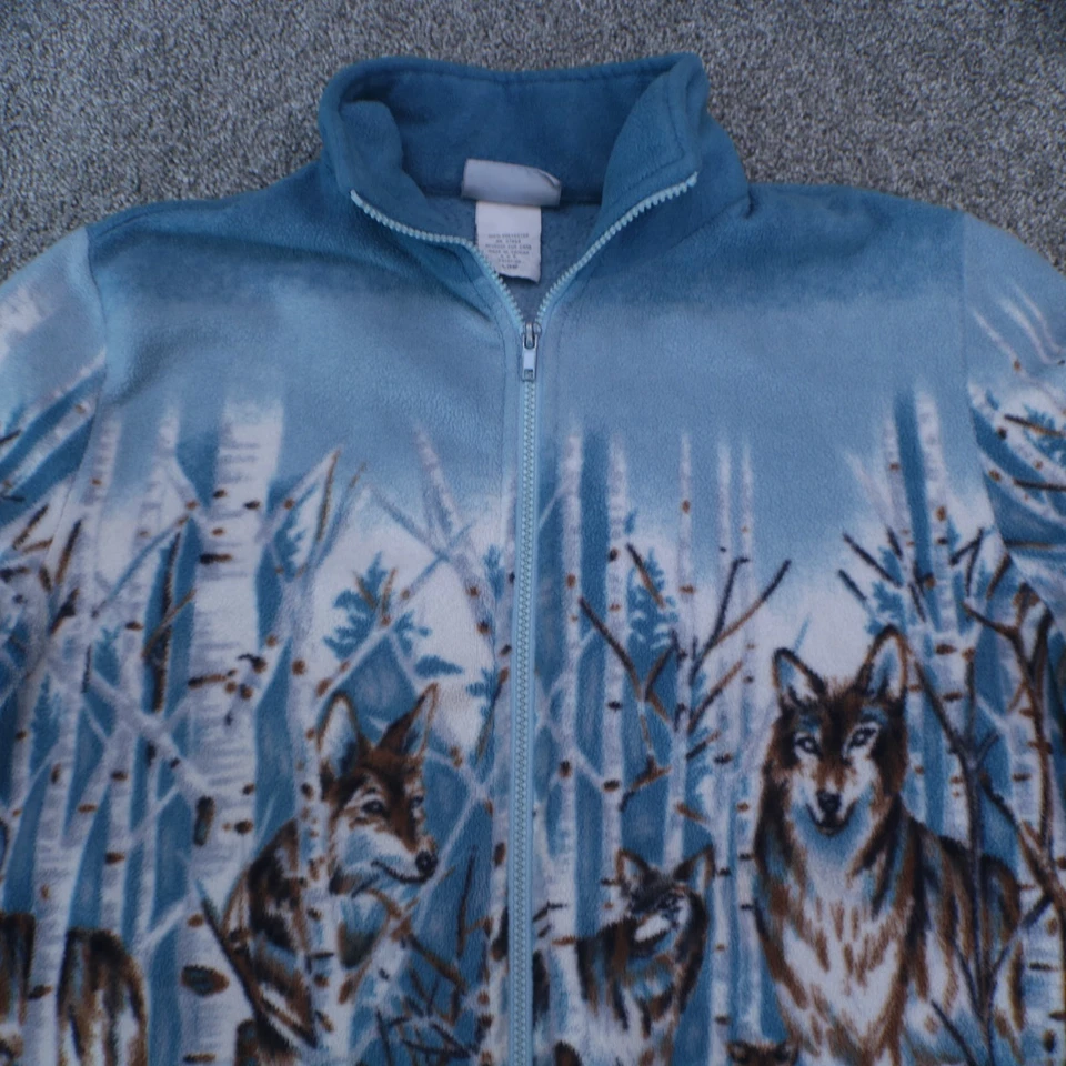 Винтажный 90-х Blair куртка женщин большой синий снежный волк природы AOP флисовое пальто - Изображение 2 из 4