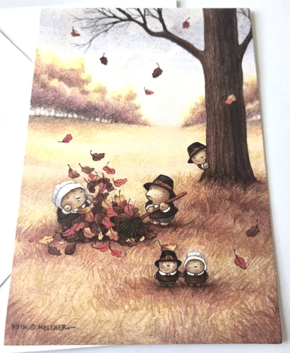 Thanksgiving Card Mary Melcher Pilgrim Bears Raking Leaves