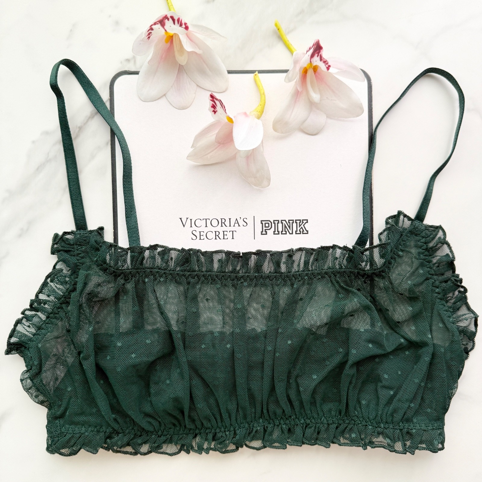 Victoria's Secret Sexy Tee Dot Mesh Scoop Bralette Deep Forest SZ S/M/L