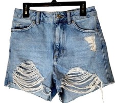 Topshop Shorts Women Blue Medium Wash Distressed Damaged Mom Cotton Denim Retro