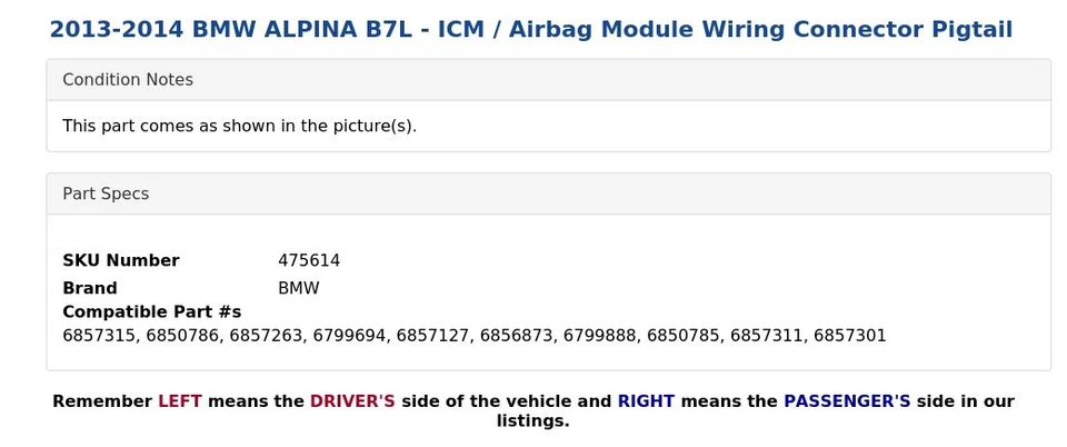 BMW ALPINA B7L 2013-2014 - ICM/módulo airbag conector de cableado coleta Foto 3 de 4