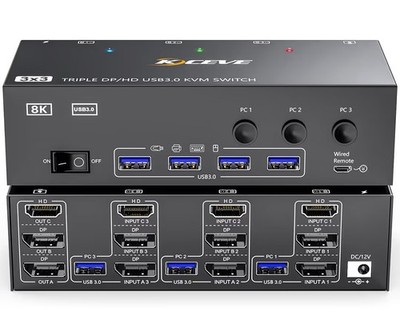 KVM Switch 3 Monitore 2 Computer 8K@60Hz 4K@144Hz, HDMI+2 Displayport USB3.0