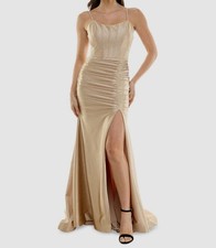 Emerald Sundae Juniors' Women's Beige Glitter Scoop Neck Gown Dress Size XS