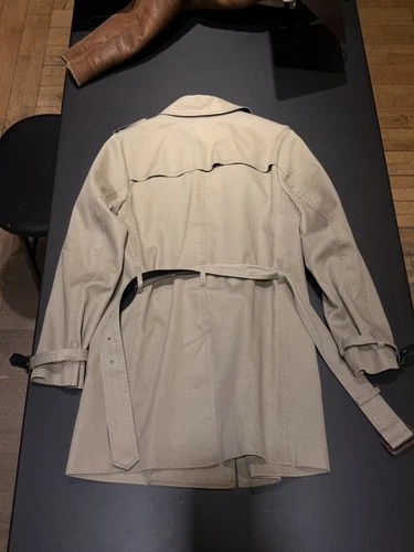 Men’s S Beige Cotton Twill Trench Coat Lined Belt Button Size 34 video thumbnail