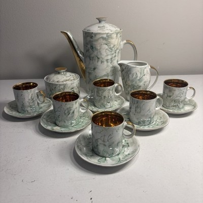 Vintage Wawel Poland Gold Taupe Beige Marble China Tea Set