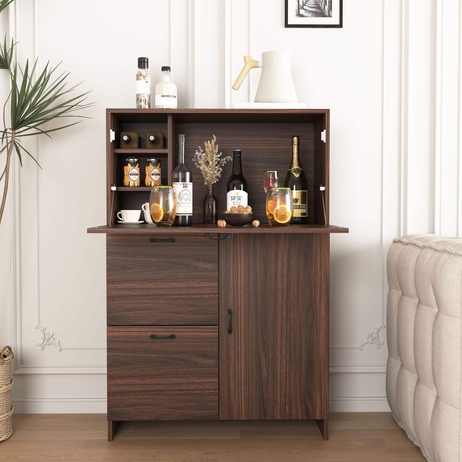 Bar Cabinet with Storage Drawer & Shelves, Fold-up Desktop, Ideal for Home,Dormi