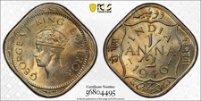 BRITISH INDIA 1946 Calcutta 1/2 Anna Toned PCGS MS64 Top Pop