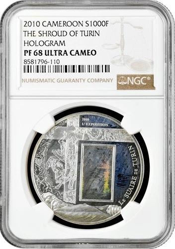 Cameroon 10000 francs 2010, NGC PF68 UC, "The Shroud of Turin" silver coin