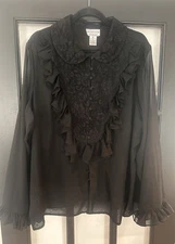 🩷Vintage Victor Costa- Black Lace Top Sheer Shirt Goth Victorian Ruffle Sleeve