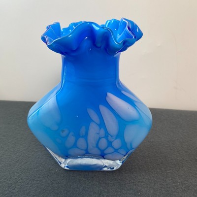 Vintage Hand Blown Vase Deep Sky Blue and White Cloud Accents