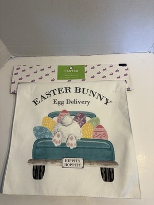 EASTER Table Runner 13 x72   Easter Bunny Egg Delivery  Blue Truck Bunny Eggs