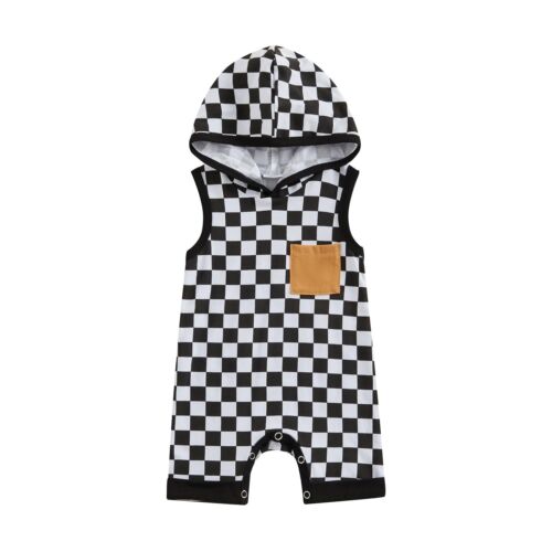 Newborn Boy Checkered Outfit Baby Sleeveless Hooded Romper Jumpsuit Cute Summ...