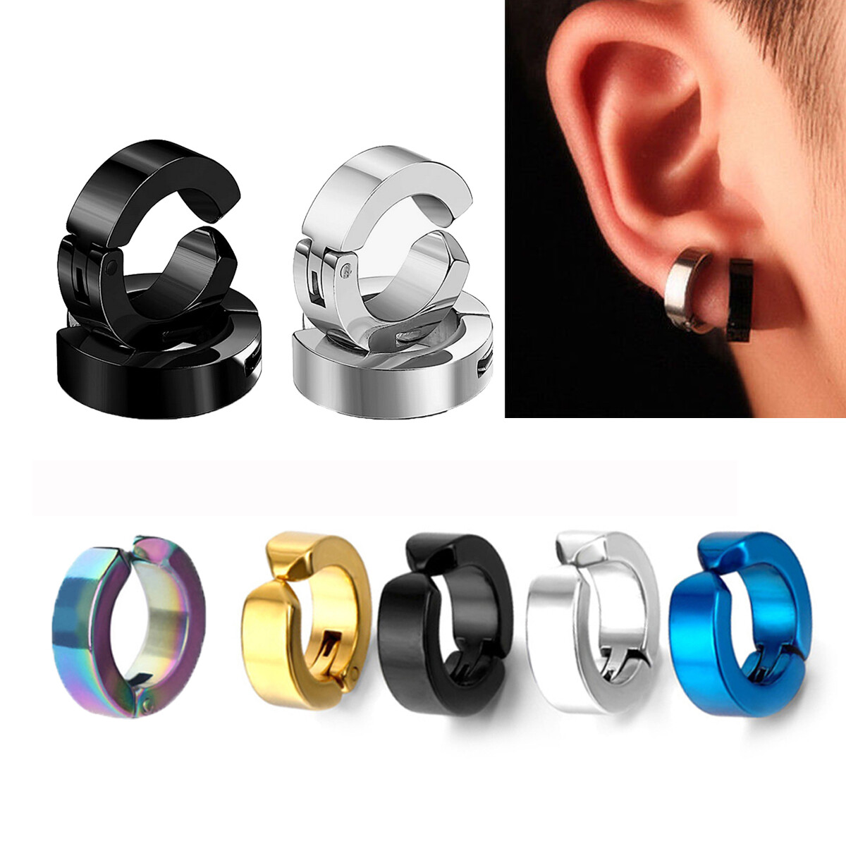 Pair Stainless Steel Mens Womens Hoop Earrings Clip On Magnetic Ear Plugs  US - Main Image