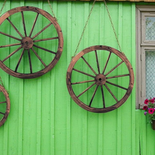 Set 2 Old Wood Western Rustic Big Wagon Wheel Wooden Decor Outdoor