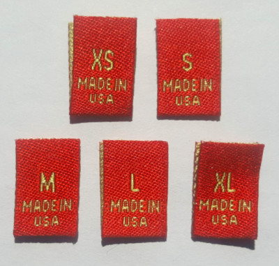 500 pcs WOVEN CLOTHING SEWING LABELS RED GOLD MADE IN USA - SIZE TAGS (XS-XL)