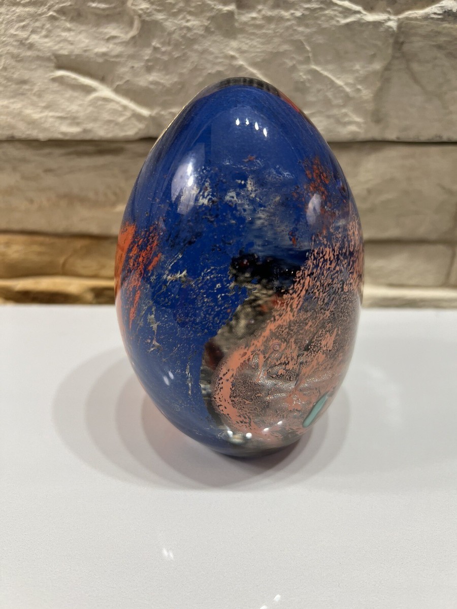 Murano Art Glass Egg Shaped Paperweight in Decorative Blue and
