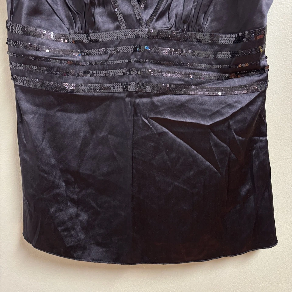 Bebe Womens Silk Y2K Top Size L Babydoll Whimsigoth Black Sequin Sleeveless - Image 3 of 4