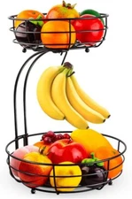 Iron 2-Tier Countertop Fruit and Vegetable Basket Storage Bowl with Banana Hooks