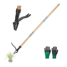 Weed Puller Tool Stand Up Weed Puller Tool with 3-Section Bamboo Handle & 4-C...