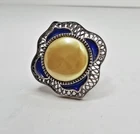 Vintage yellow golden Mother of Pearl Sterling Silver blue enamel cocktail ring