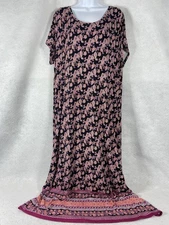 J Jill Maxi Dress Women’s XL Black Pink Shift Short Sleeve Paisley Stretch