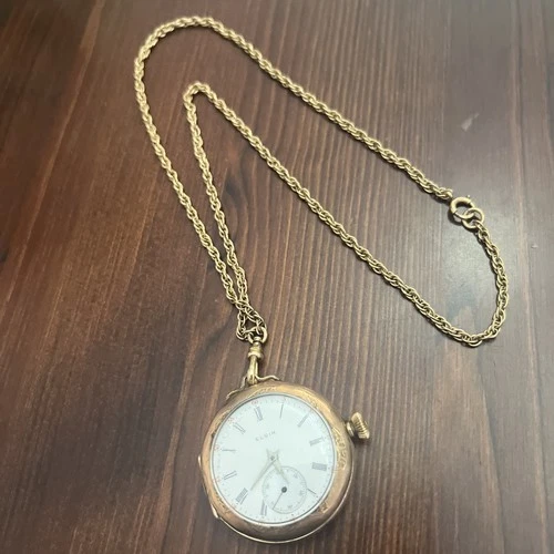 Antique Ladies Elgin Pocket Watch Pendant Gold Filled Necklace Running Working