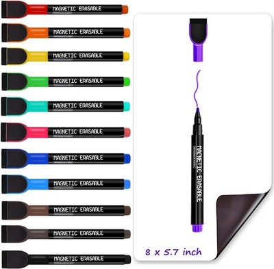 Magnetic Dry Erase Markers Fine Tip - 12 Colors Whiteboard Markers with Eraser