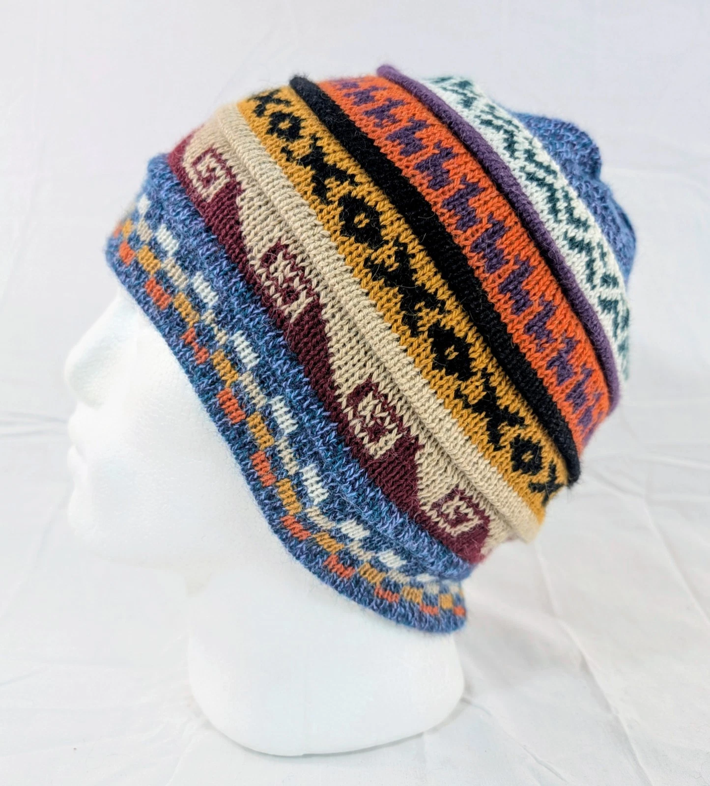 Soft Baby Alpaca Beanie Reversible Blue Purple Unisex Colorful Boho Llama Peru