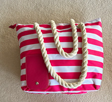 Pink & White Striped Insulated Cool Bag, Zip Closure, With Hidden insulated com