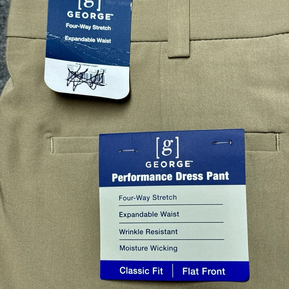 Pantalones de vestir George Performance para hombre 36x32 caqui 4 vías elásticos frente plano Foto 2 de 4