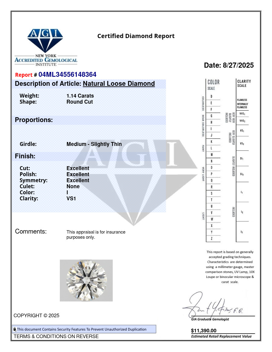Cert. AGI 1.14 Carat Round Natural Mined Diamond Loose I color VS1 clarity