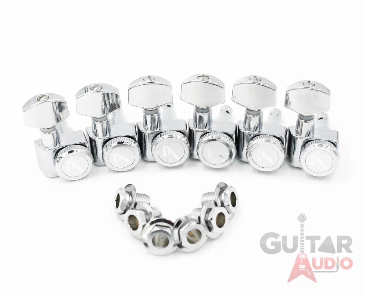 Sintonizadores originales Fender BLOQUEO CROMADO 6 en línea 2 pines Strat/Tele F Logo Máquinas