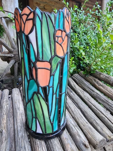 Vtg Stained Glass Candle Lantern Vase Iris Design Tiffany Style