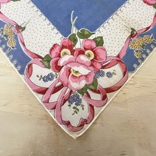 VTG Floral Hankie Cotton Pink Bouquet on Blue  White NWT 12x12"