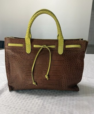 Claudia Firenze Tote Bag Brown Croc Embossed Leather Lime Green Handles