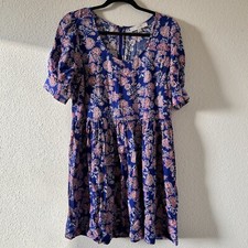 LOFT Women’s Dress 10 Scoop Neck Puff Sleeve Swing Floral Print Blue Pink Summer