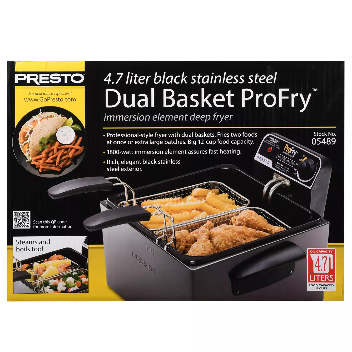 Presto 5Qt Dual Basket Pro Fry Immersion Element Black Deep Fryer 05489 