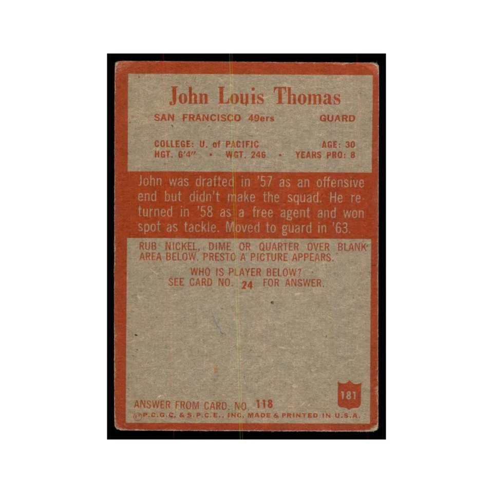 1965 Philadelphia (damaged) John Thomas Football Cards #181 - Image 2 of 3