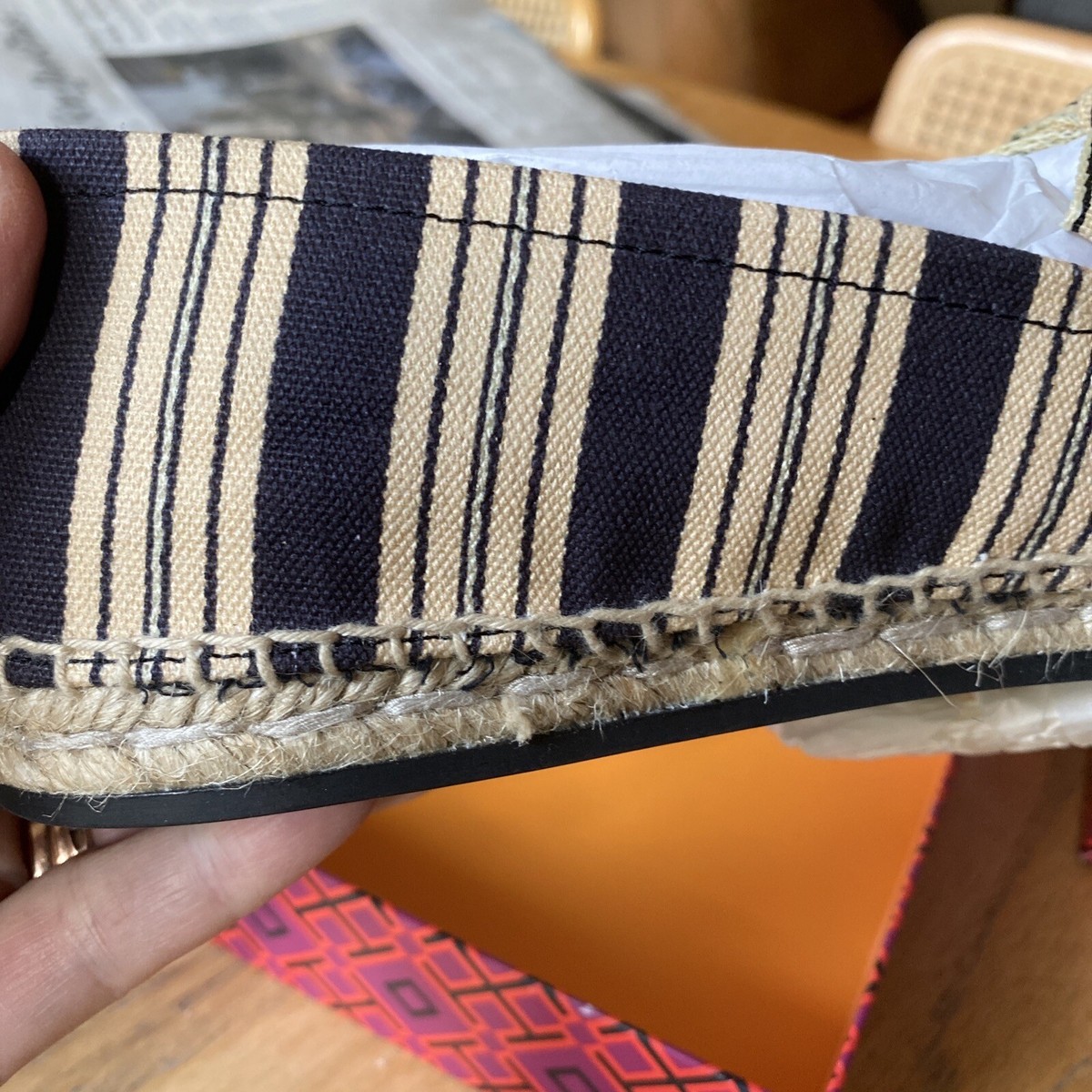 Tory Burch bow Espadrille vintage stripe ribbon, Size 9.5, MSRP 