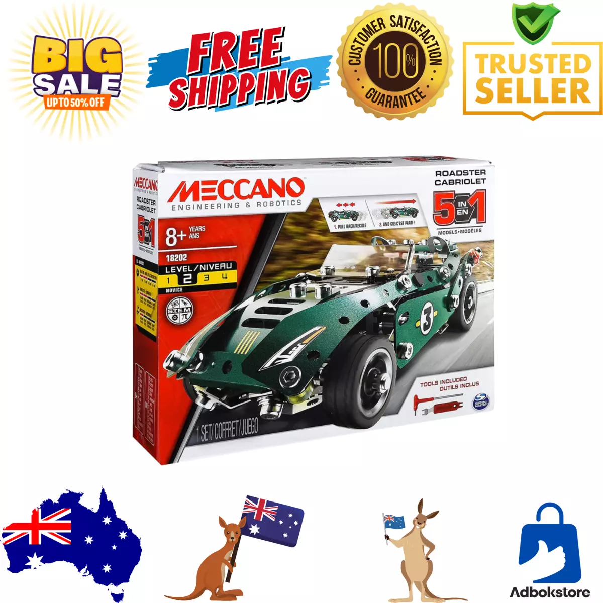 Meccano by Erector 5 in 1 Roadster Pull Back Car Building Kit, STEM  Engineering Education Toy for Ages 8 and up