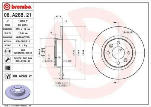 2x BREMBO Bremsscheibe 259mm für RENAULT TWINGO I (C06) TWINGO II (CN0) - Bild 1 von 6
