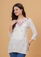Indian Tunic wear ; Women White Floral Embroidered Straight Tunic Kurti