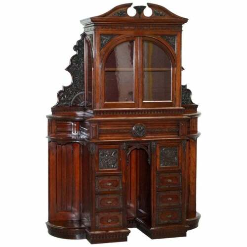 VERY RARE HAND CARVED WALNUT VICTORIAN CABINET WITH DRAWERS CUPBOARDS 188CM TALL - Picture 1 of 12