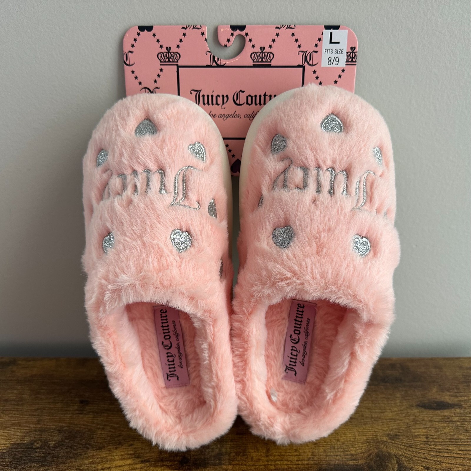 PANTOFOLA D’ORO Sandali ciabatte soffici cuori rosa argento Juicy Couture nuovi con etichette grandi 8 9