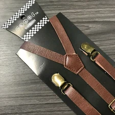 Dark Brown Faux Leather Vintage Skinny Adjustable 3Clips Gold Clips-on Suspender