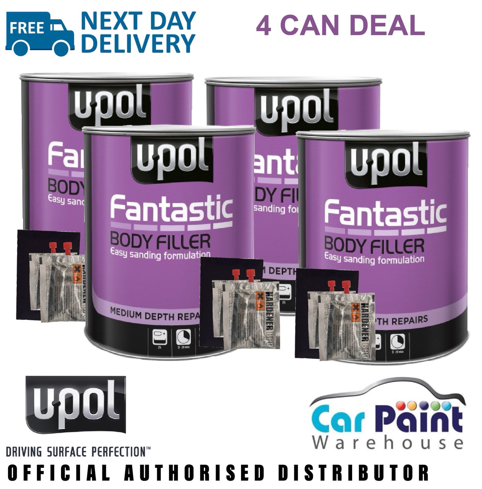 4 x UPOL Fantastic Polyester Body Filler 3L UPOL with a BPO hardener
