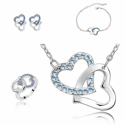 Hellblau Herz Schmuckset Streichholz Halskette Ohrringe Armband Ring Top Qualität