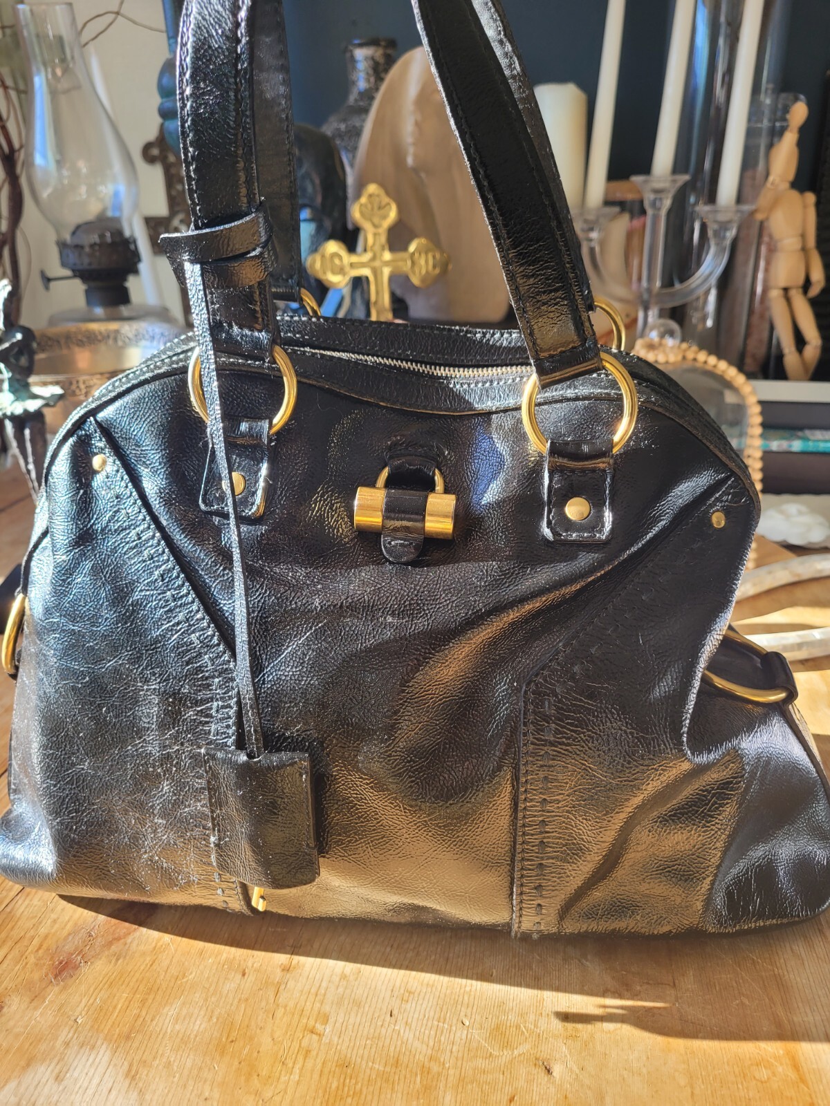 BORSA A TRACOLLA YVES SAINT LAURENT M IN PELLE NERA SCINTILLANTE