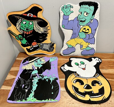 Lot of 4 Vintage Fun World Halloween Yard decor signs Witches Ghost Frankenstein