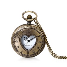 Retro Bronze Hollow Heart Shaped Quartz Pocket Watch Pendant Sweater Chain Gift